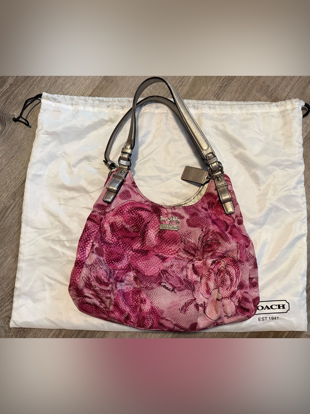 Coach Pink Rose Flower Floral Silver Leather Shoulder Bag Purse Retired